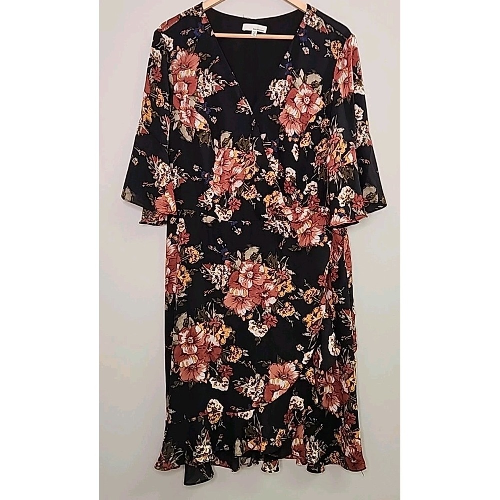 JUNE & HUDSON Women 3X Black Floral Wrap Ruffle Midi Dress Flutter Sleeve V-Neck